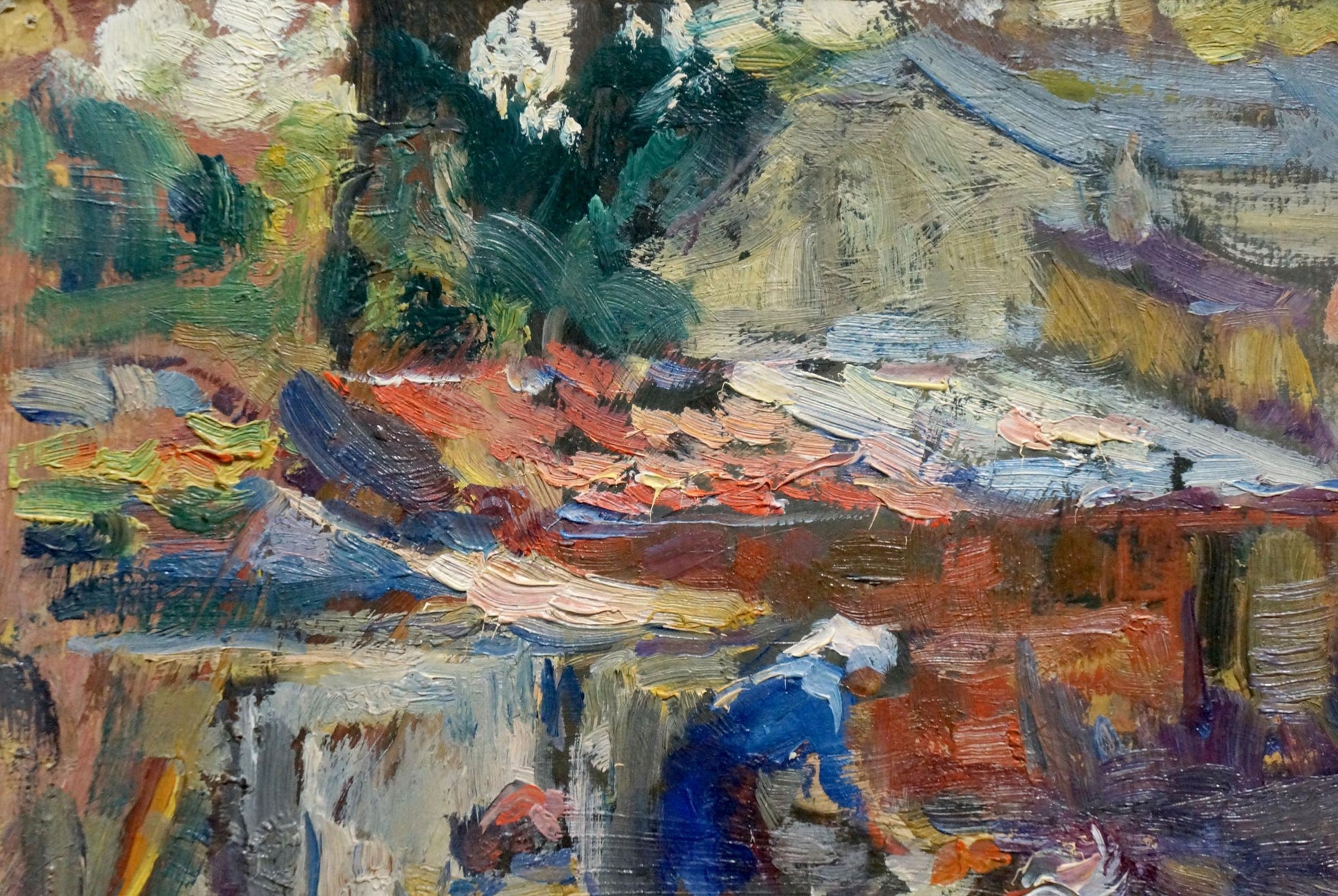 Vibrant impressionist oil painting of buildings with red roofs and green foliage