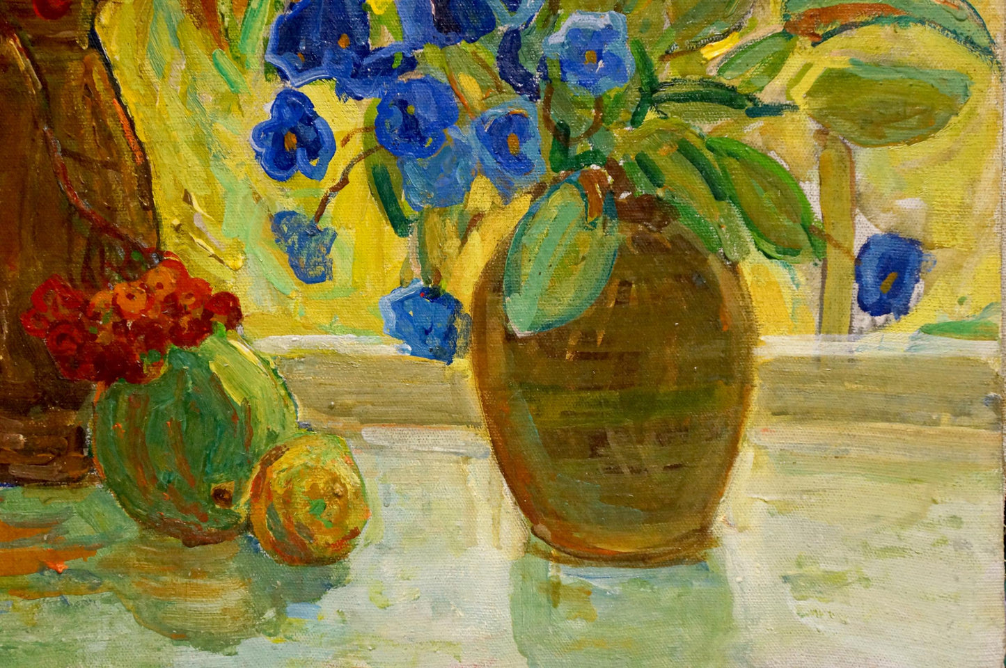 Oil painting by Monakhov Lev Ivanovich: rustic vase with blue flowers