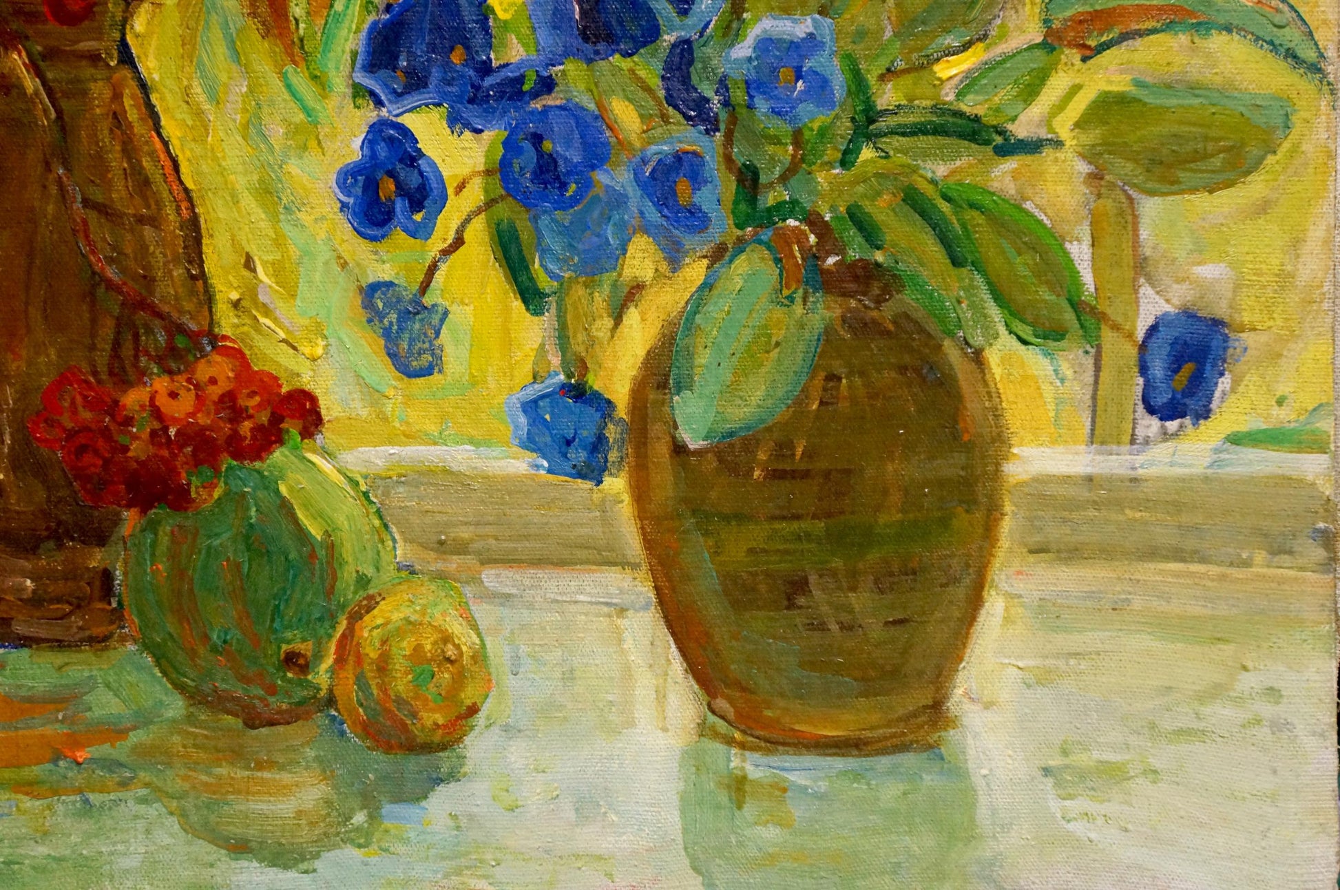 Oil painting by Monakhov Lev Ivanovich: rustic vase with blue flowers