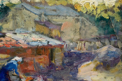 Impressionistic oil painting of village scene outdoors