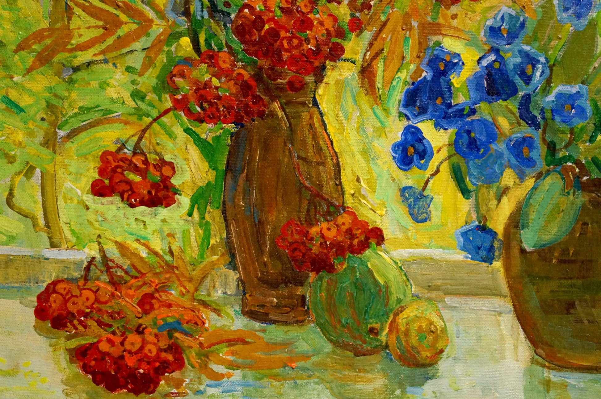 Oil painting by Monakhov Lev Ivanovich: brown vase with red berries, blue flowers