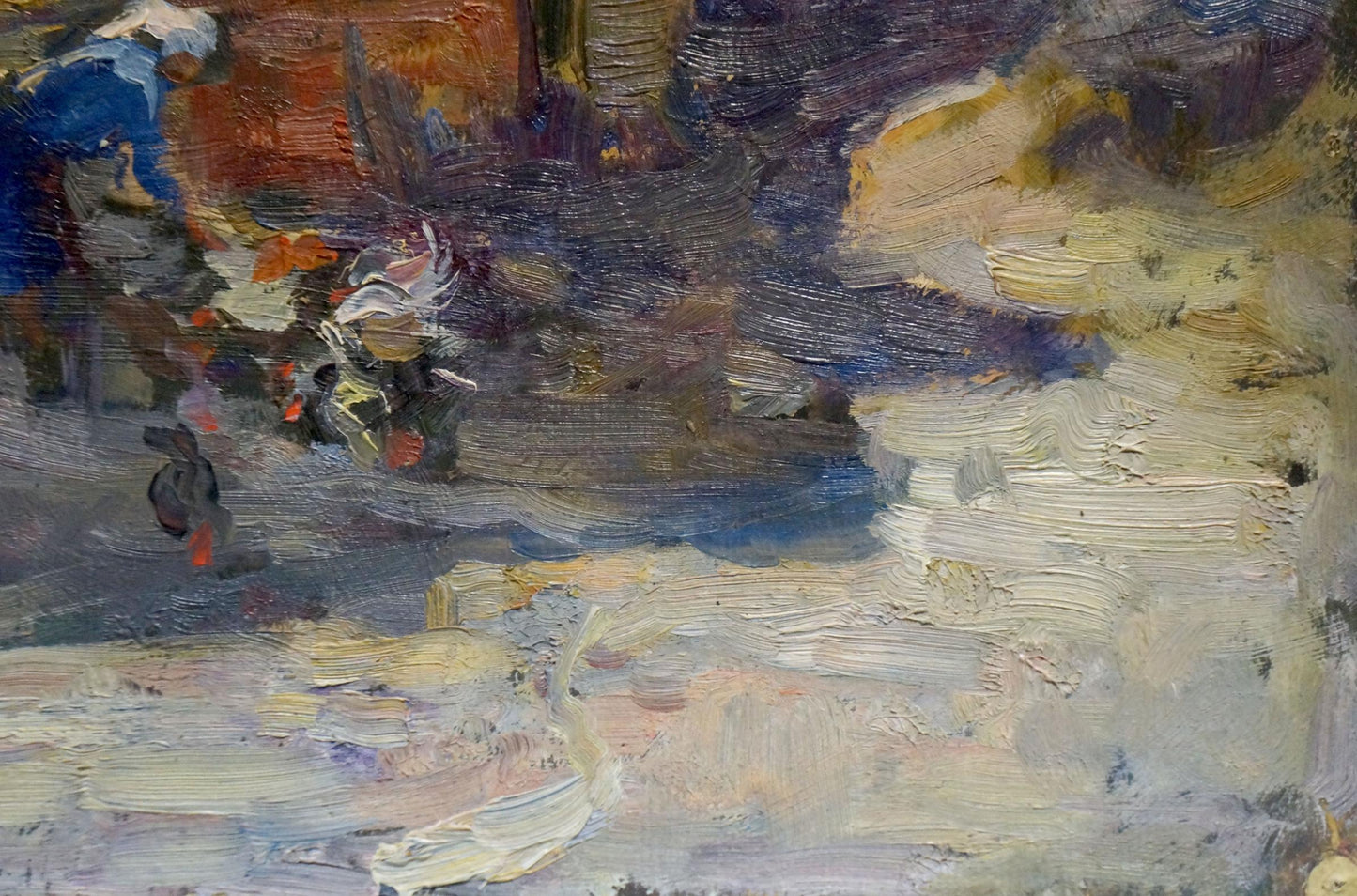 Abstract oil painting outside with textured blues grays ochres reds whites