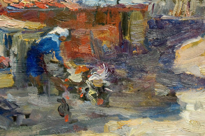 Vibrant impressionist oil painting outside: figure in blue-white bending amid orange-purple swirls