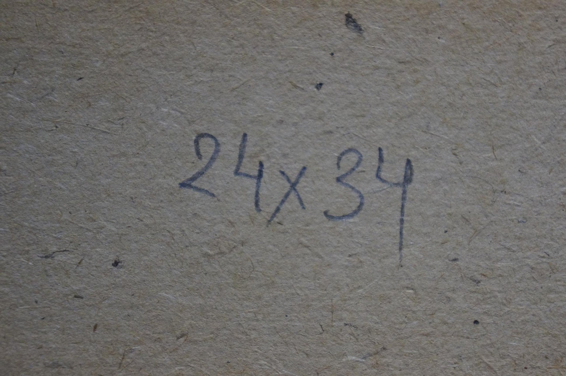 Back of Vladimir Leonidovich Knishevsky Sunset oil painting with 24x34 handwritten measurements on beige paper