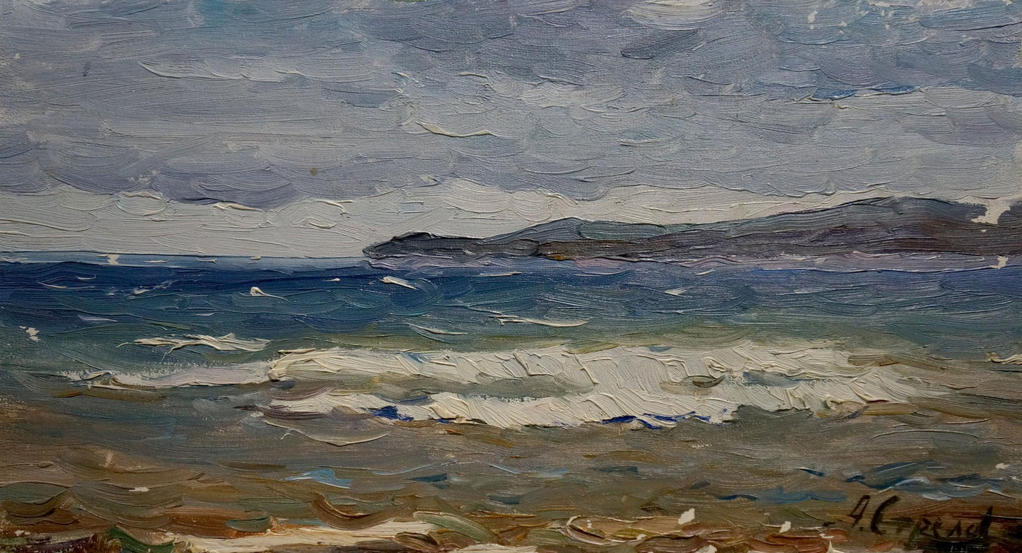 Oil painting Seascape before the storm by Arkady Strelov turbulent waves on shore