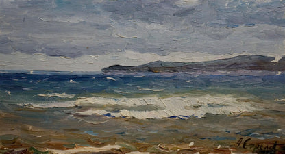 Oil painting Seascape before the storm by Arkady Strelov turbulent waves on shore