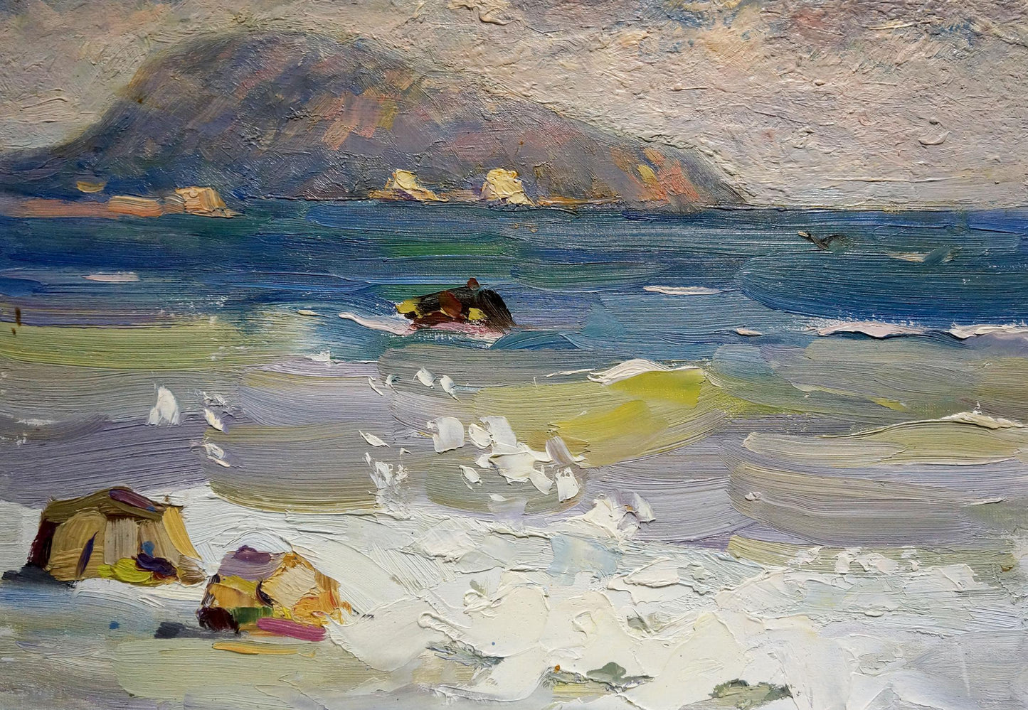 Impasto oil painting Waves by Strelov Arkady Efimovich: turbulent sea, tents