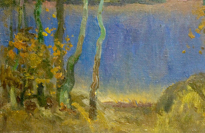 Oil painting Blue day by Mynka Alexander Fedorovich with green trees and blue sky