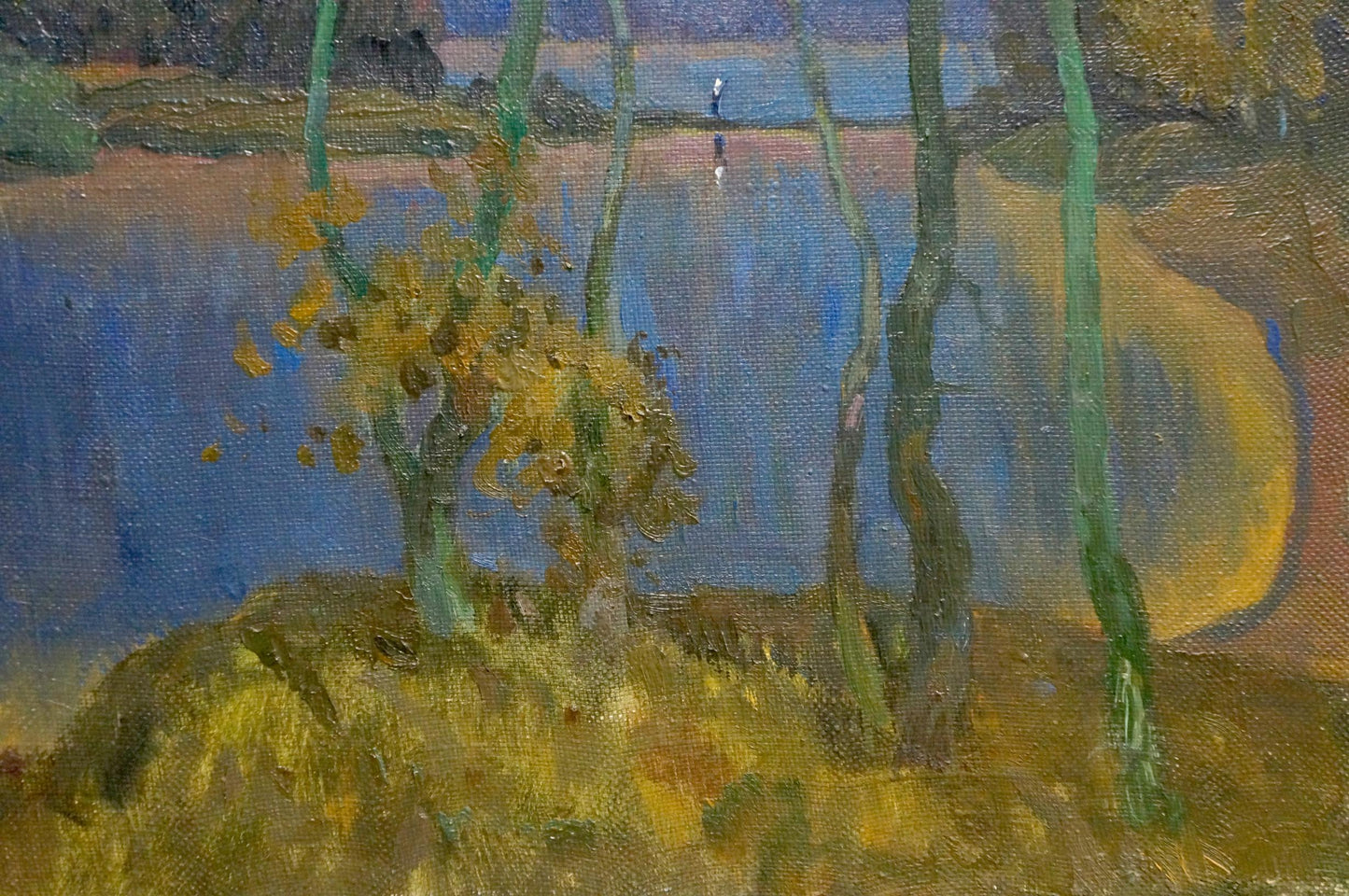 Oil painting Blue day by Mynka Alexander Fedorovich: green trees, golden foliage, blue waterway, twilight sky