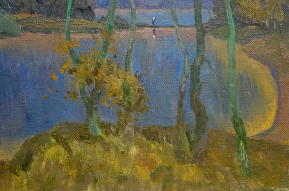 Oil painting Blue day by Mynka Alexander Fedorovich: green trees, golden foliage, blue waterway, twilight sky