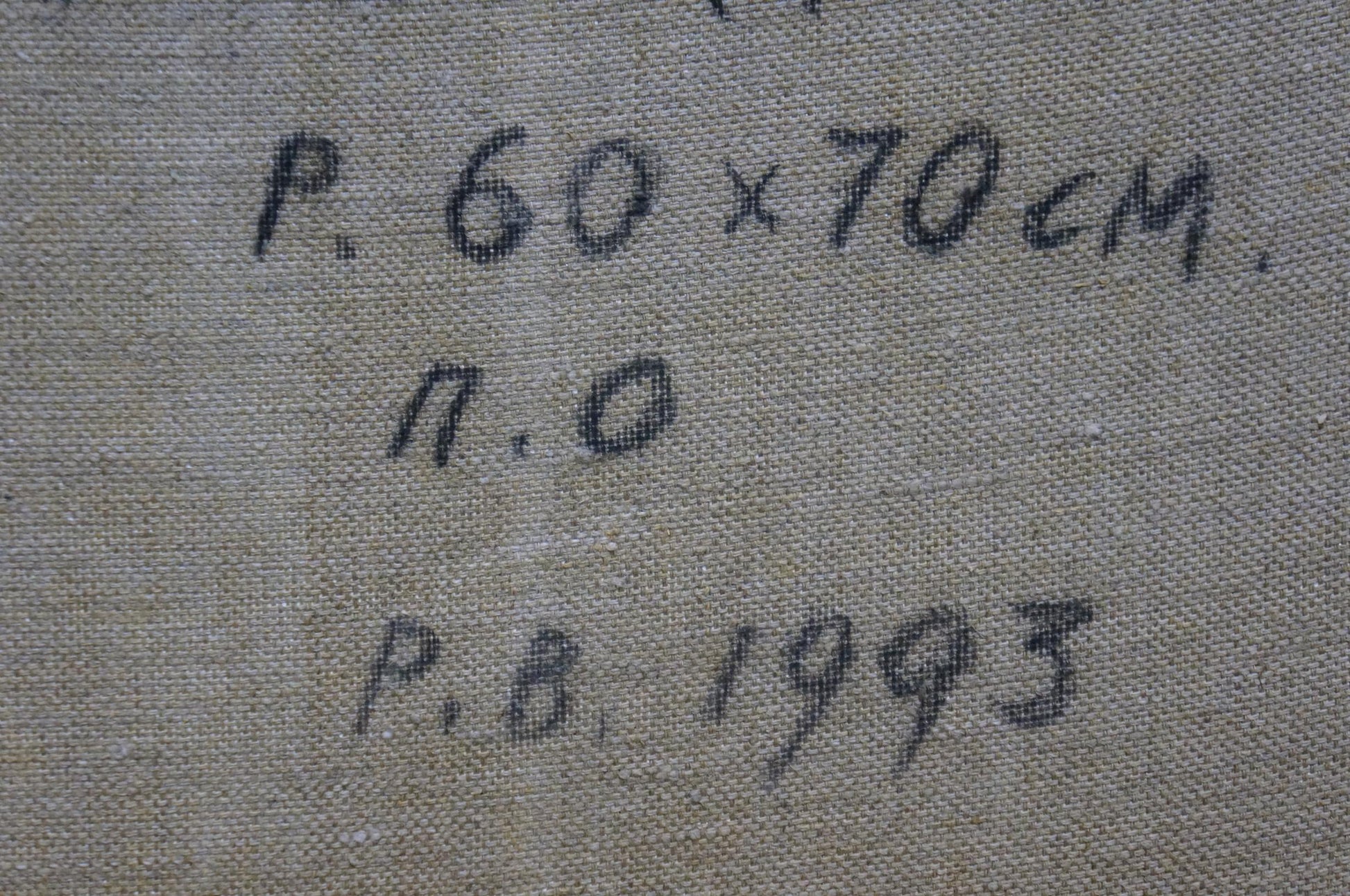 Back of Oil painting Blue day by Mynka Alexander Fedorovich with handwritten dimensions and date on textured fabric