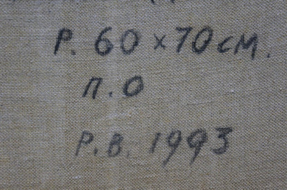 Back of Oil painting Blue day by Mynka Alexander Fedorovich with handwritten dimensions and date on textured fabric