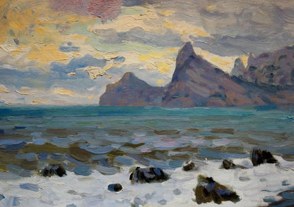 Oil painting Evening seascape by Arkady Strelov, purple mountains and turquoise sea