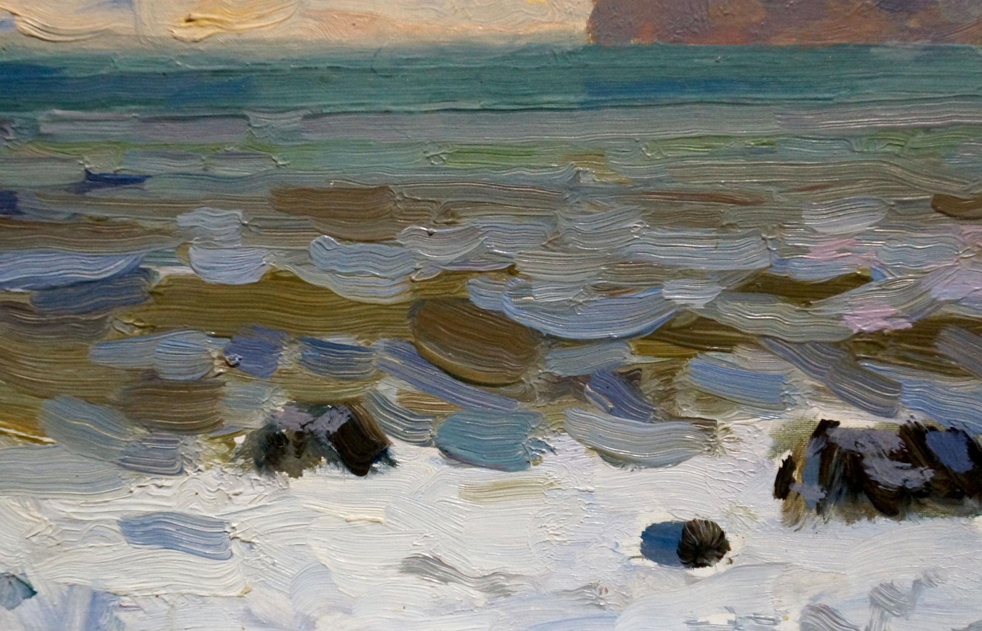 Oil painting Evening seascape by Arkady Strelov textured coastal waves