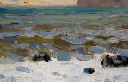 Oil painting Evening seascape by Arkady Strelov textured coastal waves