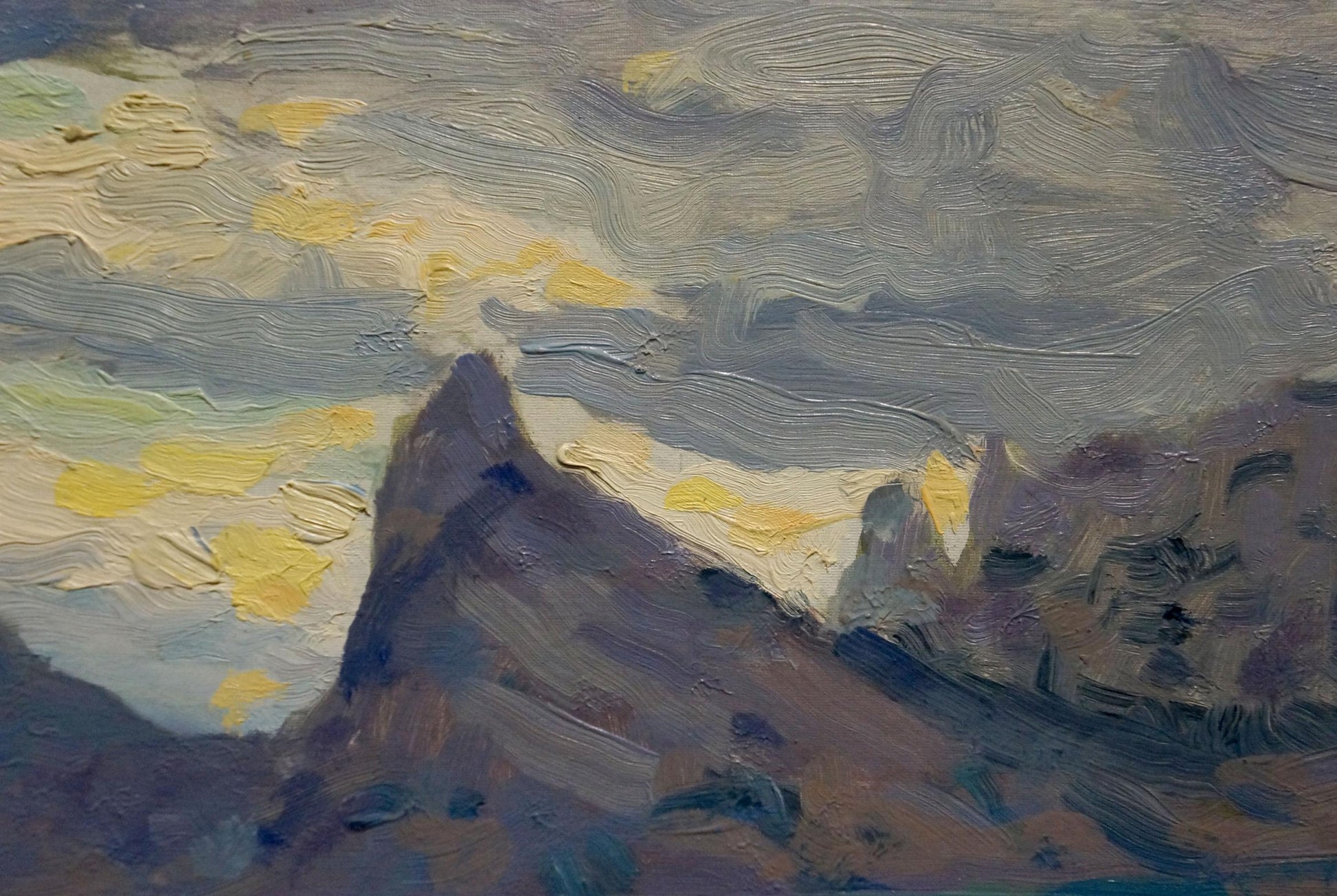 Oil painting Evening seascape by Arkady Strelov with mountain peak