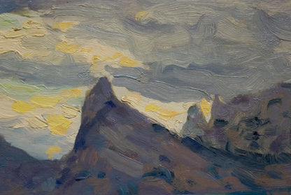 Oil painting Evening seascape by Arkady Strelov with mountain peak