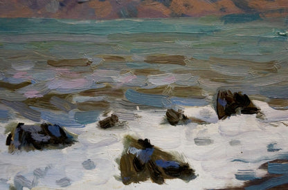 Oil painting Evening seascape by Arkady Strelov: rugged rocks in turbulent turquoise waves