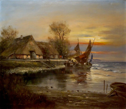 Oil painting Seaside Sundown: thatched cottage by calm waters at sunset