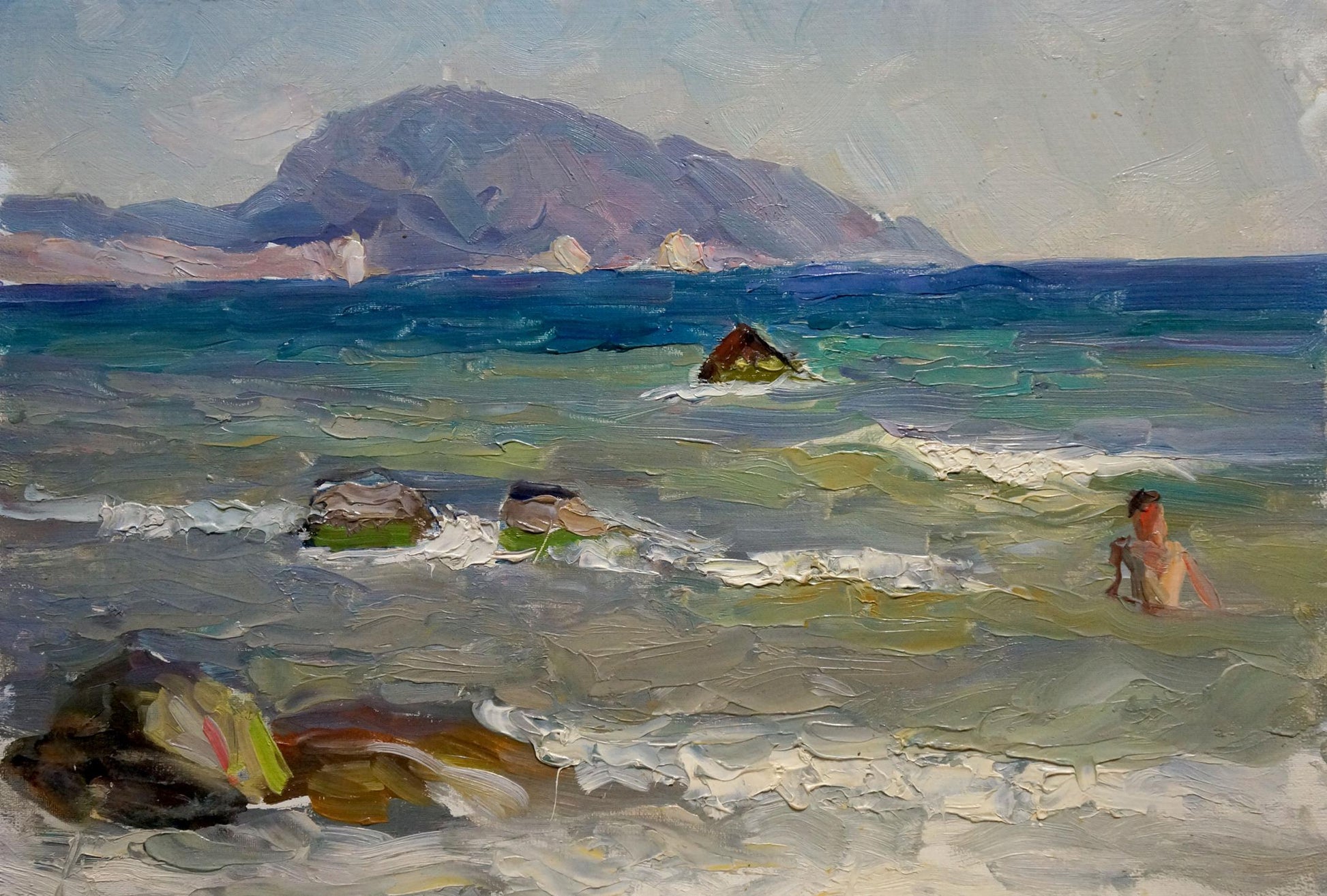 Oil painting of person wading in seascape by Arkady Strelov