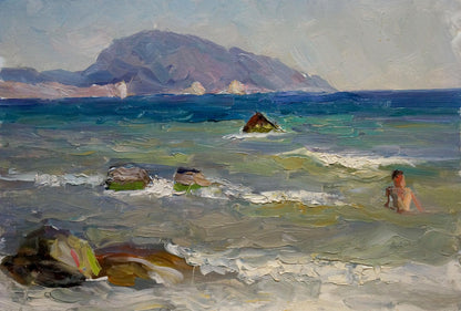 Oil painting of person wading in seascape by Arkady Strelov