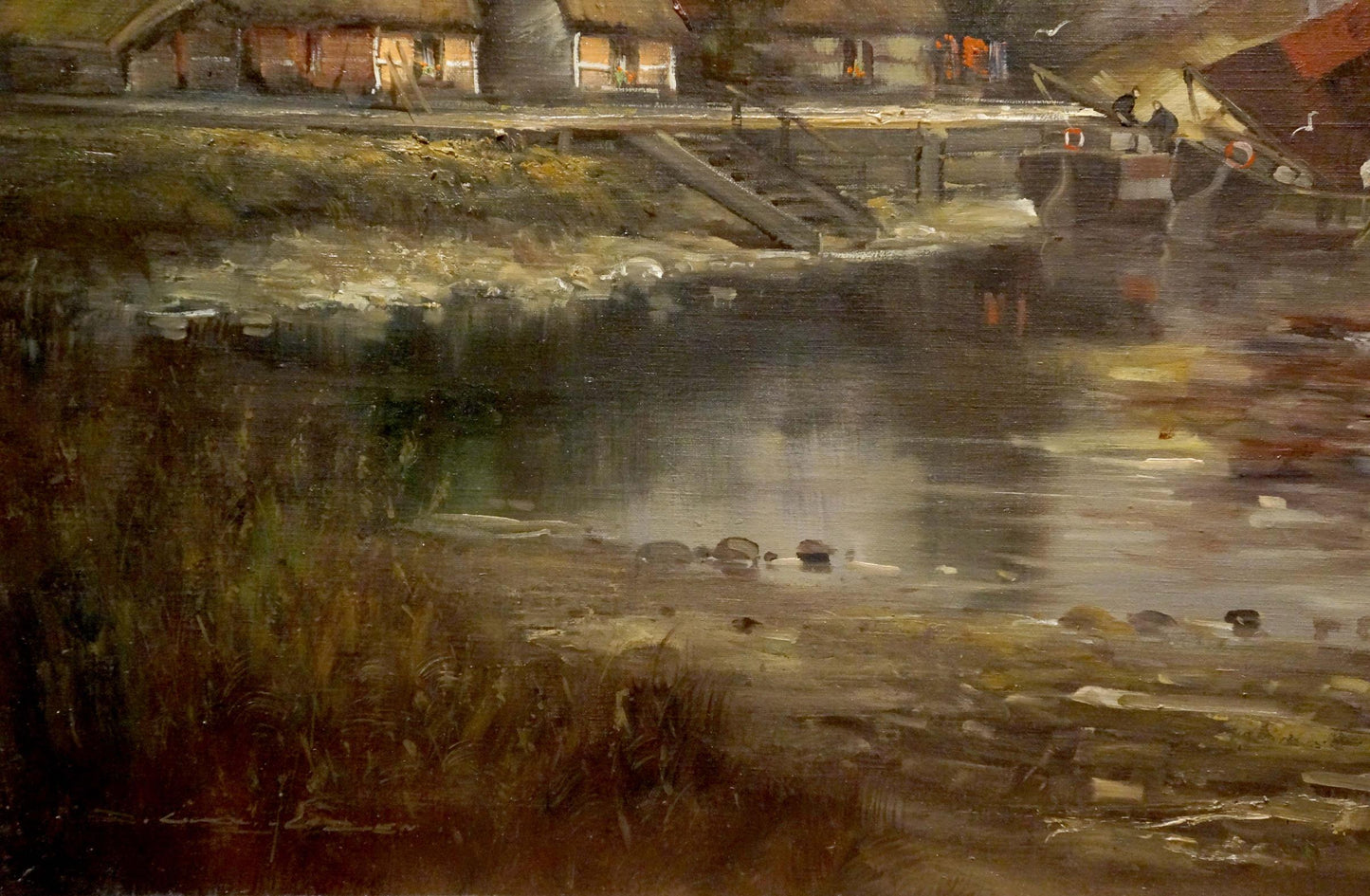 Rustic oil painting of riverside village at seaside sundown by unknown artist