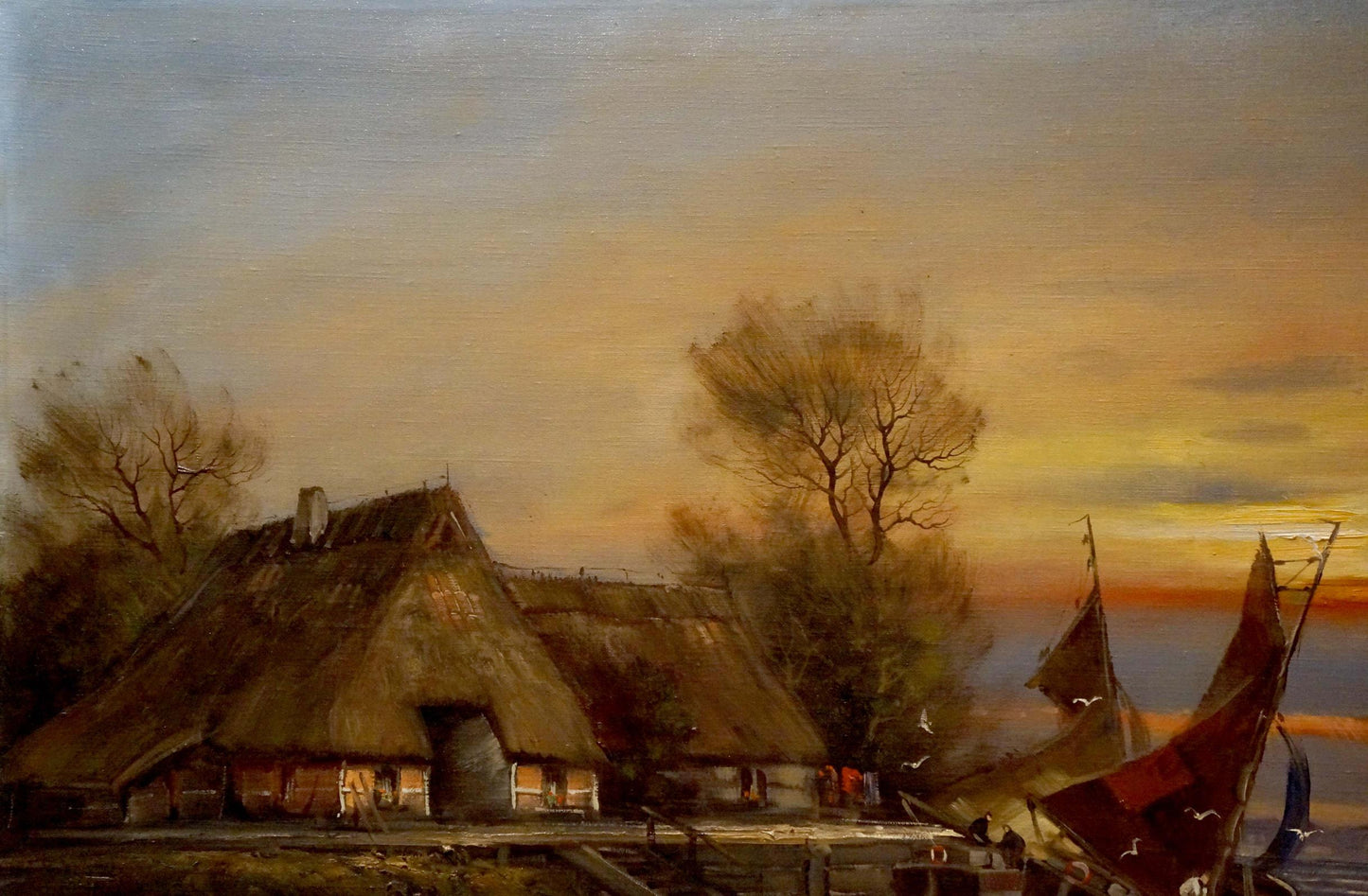 Oil painting of thatched-roof seaside village at sundown