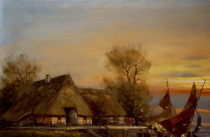 Oil painting of thatched-roof seaside village at sundown