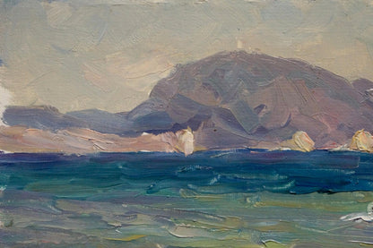 Oil painting seascape on a hot day by Arkady Strelov, purple mountain in blue waters
