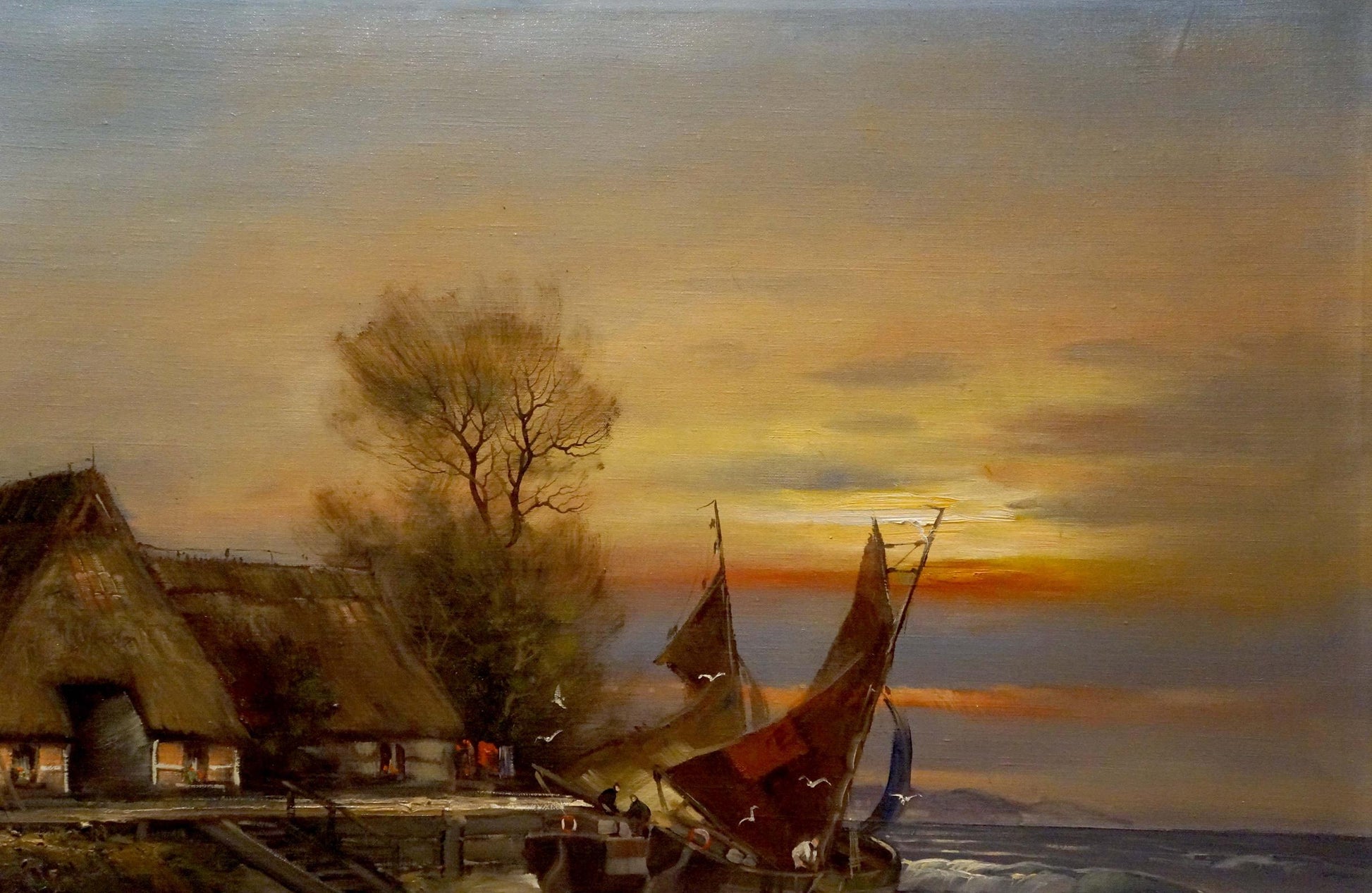 Oil painting of rustic fishing boat with red brown sail at seaside sundown