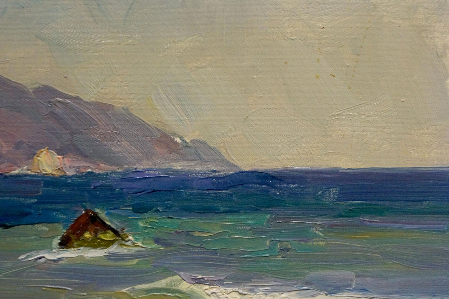 Oil painting seascape on a hot day by Arkady Strelov with blue waves