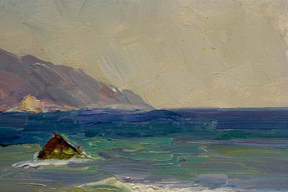 Oil painting seascape on a hot day by Arkady Strelov with blue waves