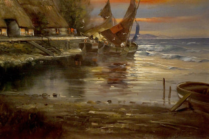 Oil painting of rustic thatched cottage by seaside sundown, unknown artist