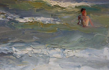 Oil painting Seascape on a hot day by Arkady Strelov with red figure in waves