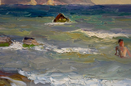 Textured impasto oil painting of person wading in ocean by Arkady Strelov