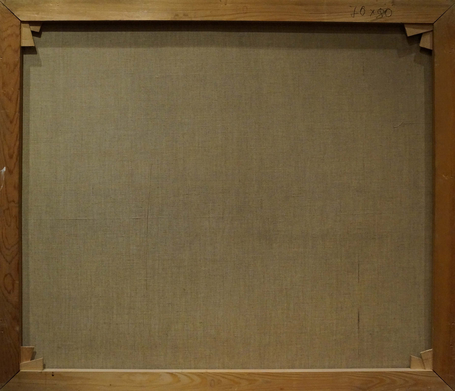 Back of Oil painting Seaside Sundown canvas with beige fabric and staples