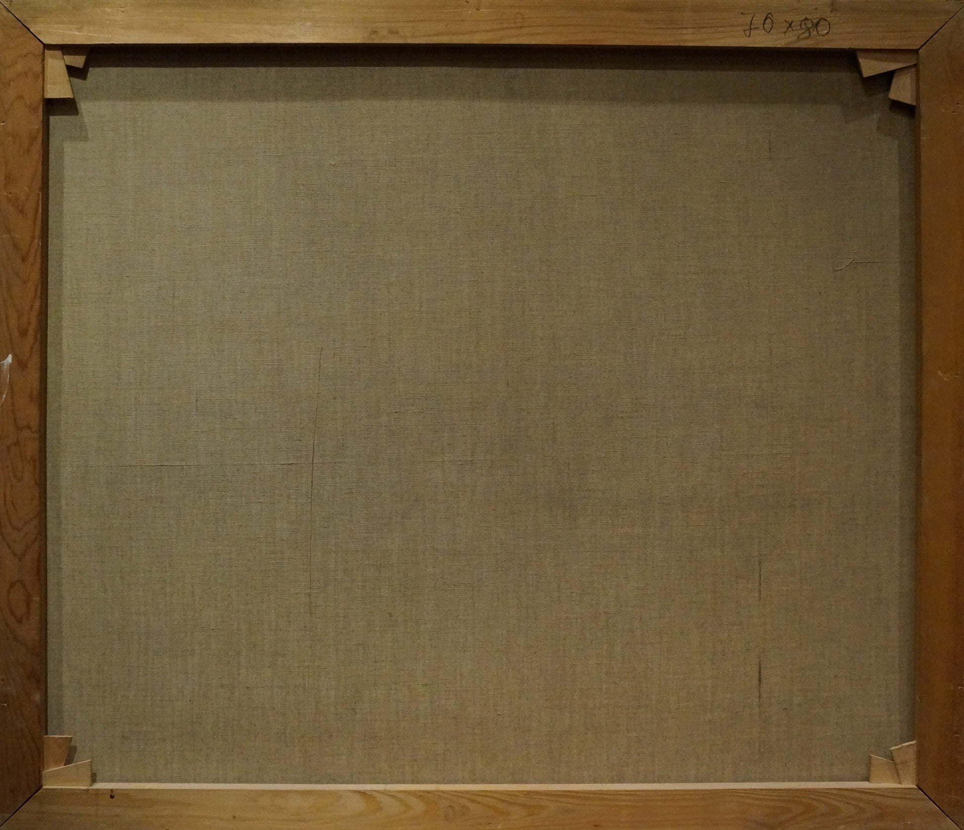 Back of Oil painting Seaside Sundown canvas with beige fabric and staples