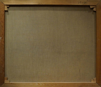 Back of Oil painting Seaside Sundown canvas with beige fabric and staples