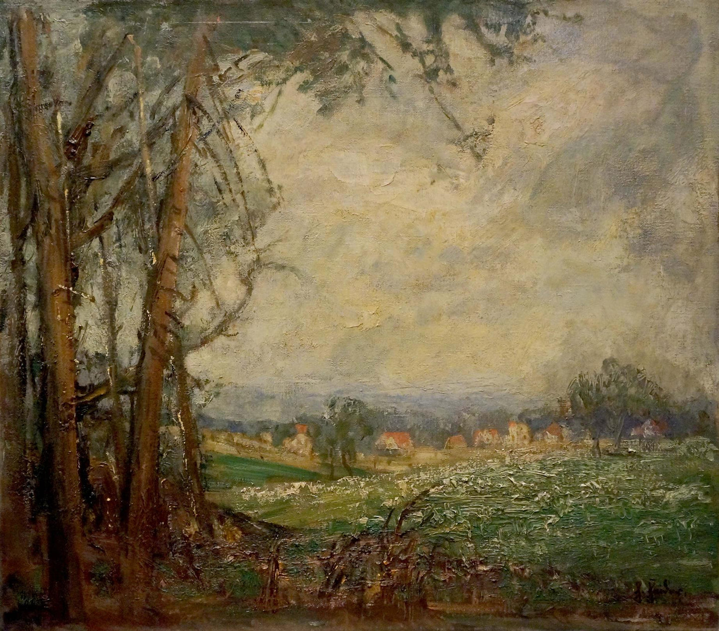 Oil painting View of the village: rural landscape with tall trees and fields