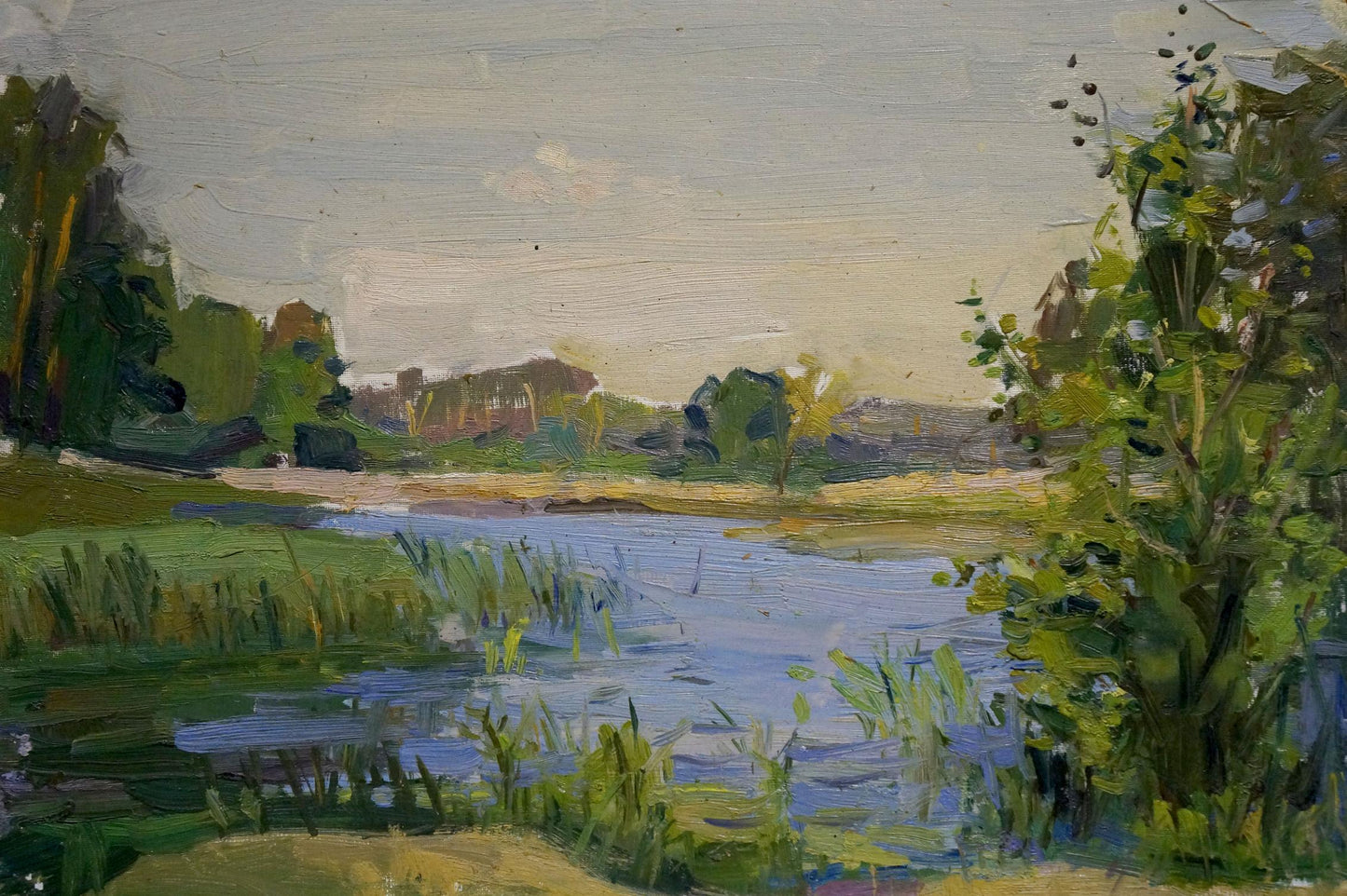 Serene impressionistic oil painting by Buryachok Nikolay Ivanovich of tranquil lake in lush greenery