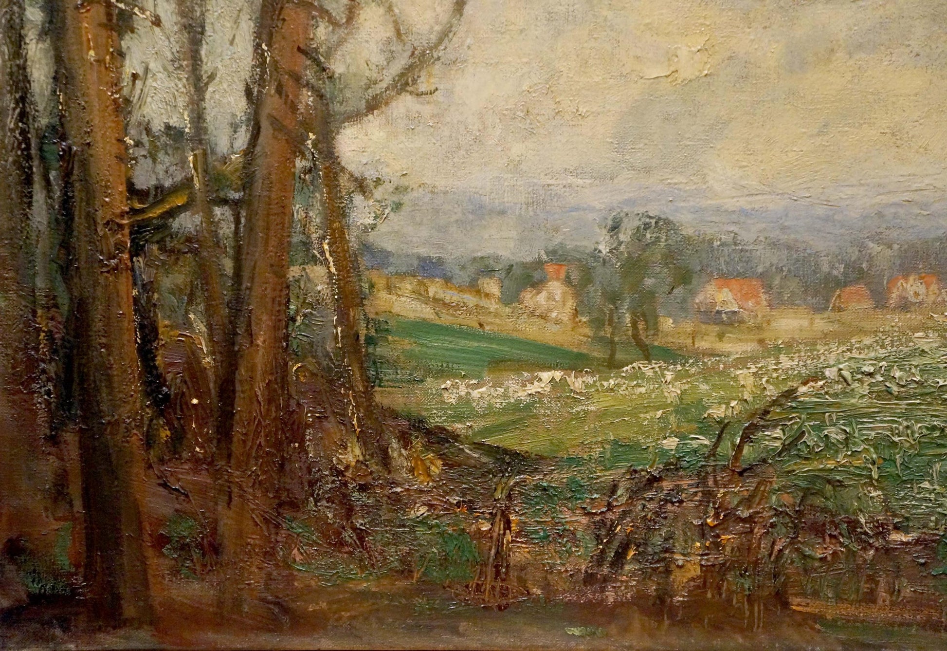 Oil painting View of the village: impressionistic landscape with textured earthy tones