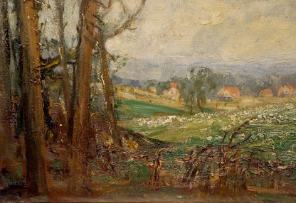 Oil painting View of the village: impressionistic landscape with textured earthy tones
