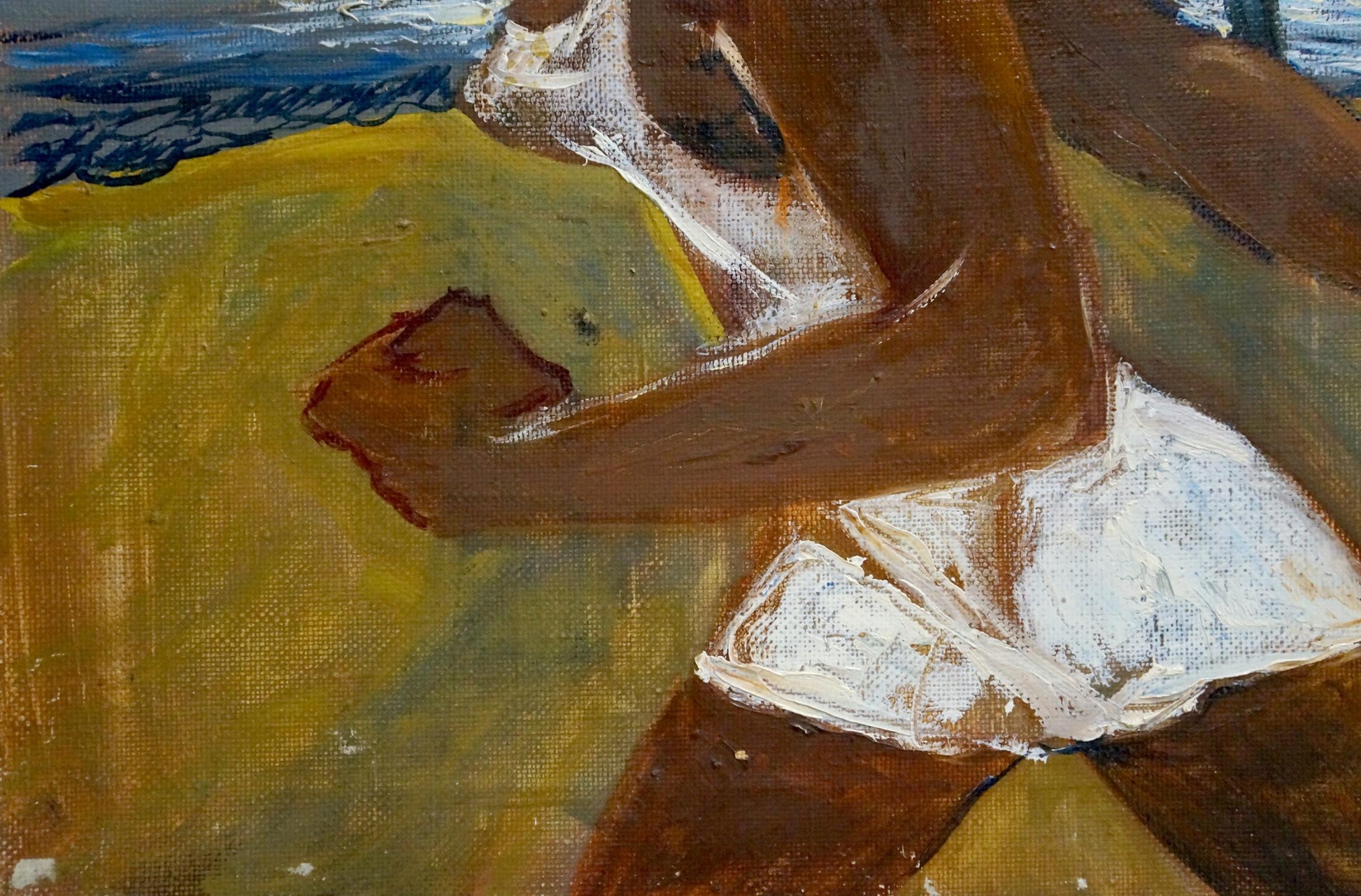 Oil painting by Jogging Popovichenko Tatyana Gennadievna, figure in white shorts on yellow blue background