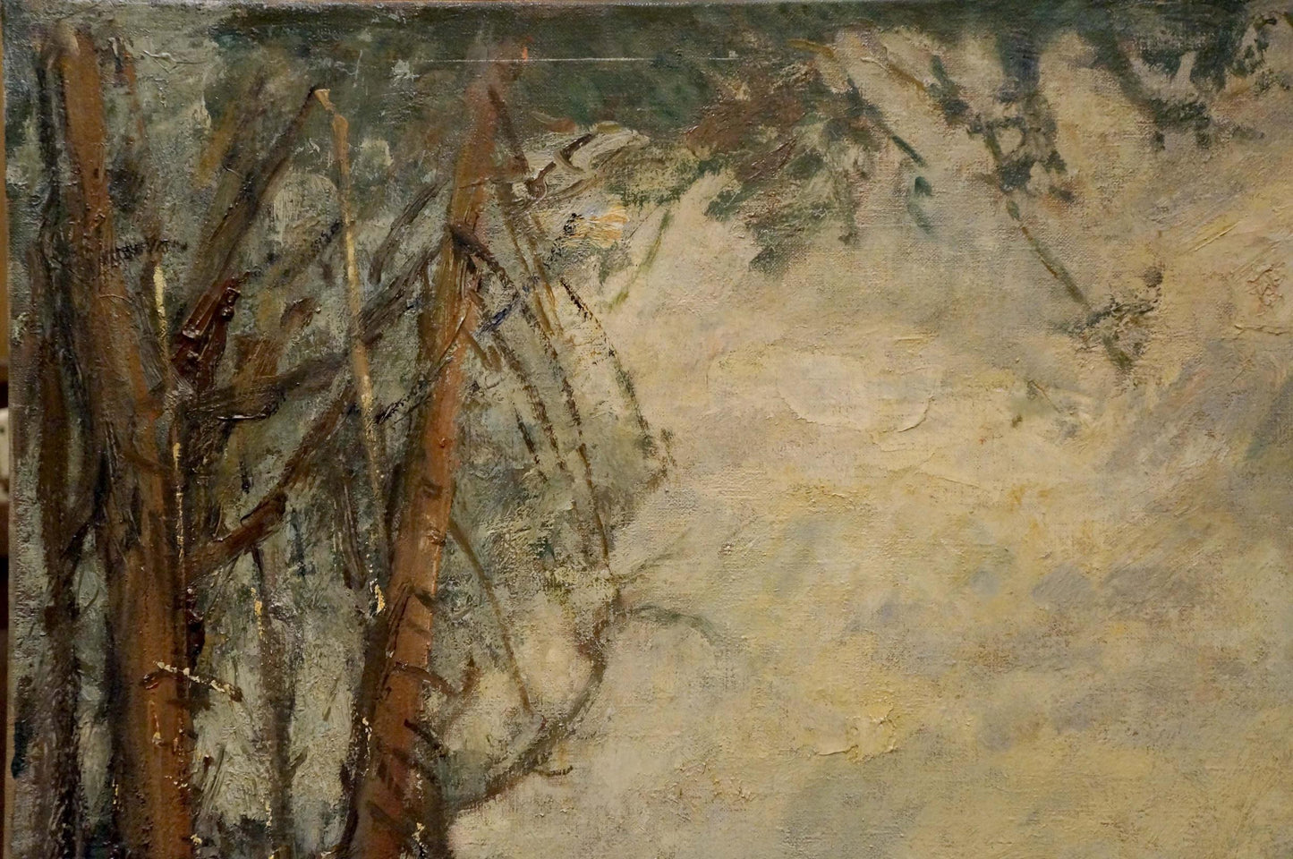 Oil painting View of the village with tall slender tree trunks in mist