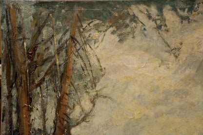 Oil painting View of the village with tall slender tree trunks in mist