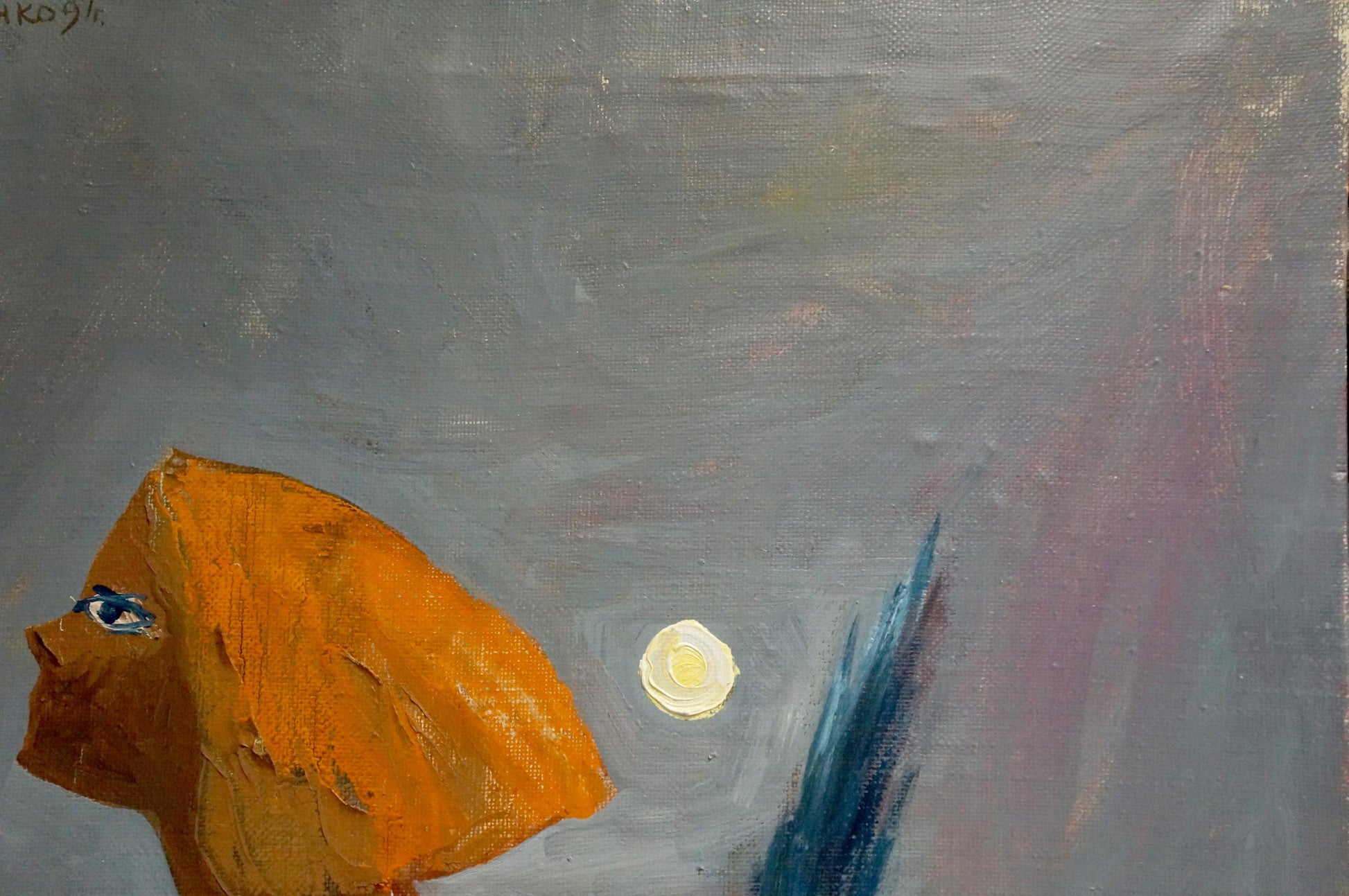 Abstract orange face with blue eyes oil painting by Jogging Popovichenko Tatyana Gennadievna
