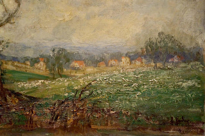 Oil painting View of the village: textured rural landscape with green fields