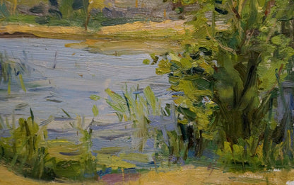 Textured impressionist oil painting of tranquil riverbank by Buryachok Nikolay Ivanovich