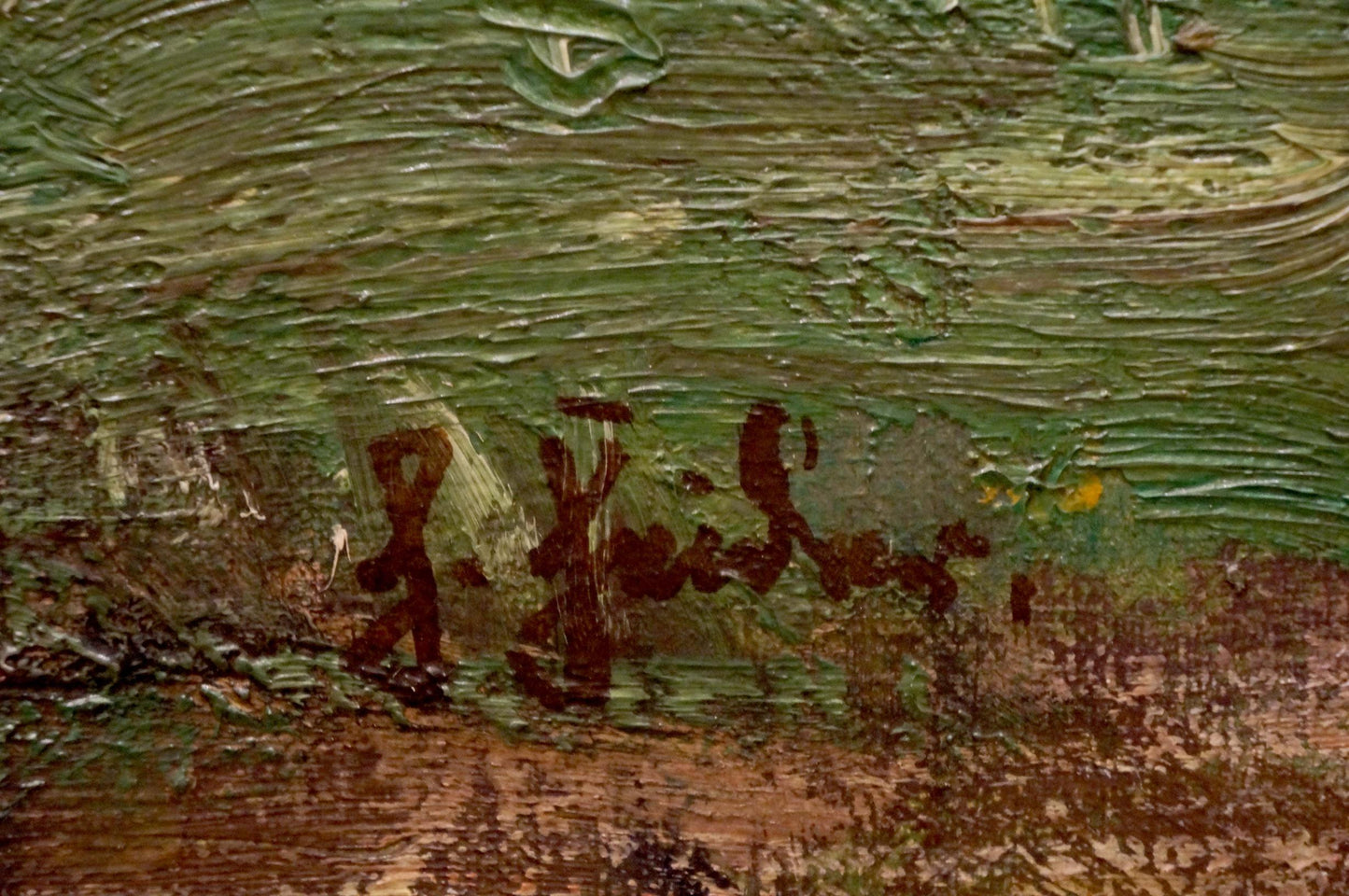 Oil painting View of the village with textured green brown brushstrokes and red signature