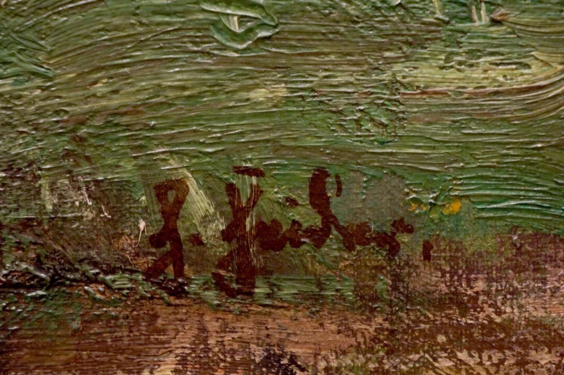 Oil painting View of the village with textured green brown brushstrokes and red signature